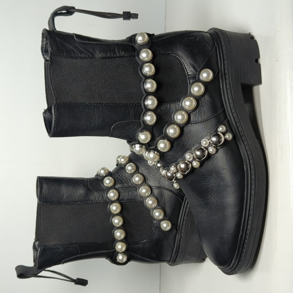 Zara Black chelsea pearl Studded Combat Boots w/ Chunky Sole woman size 6 EU 36 - Picture 6 of 16